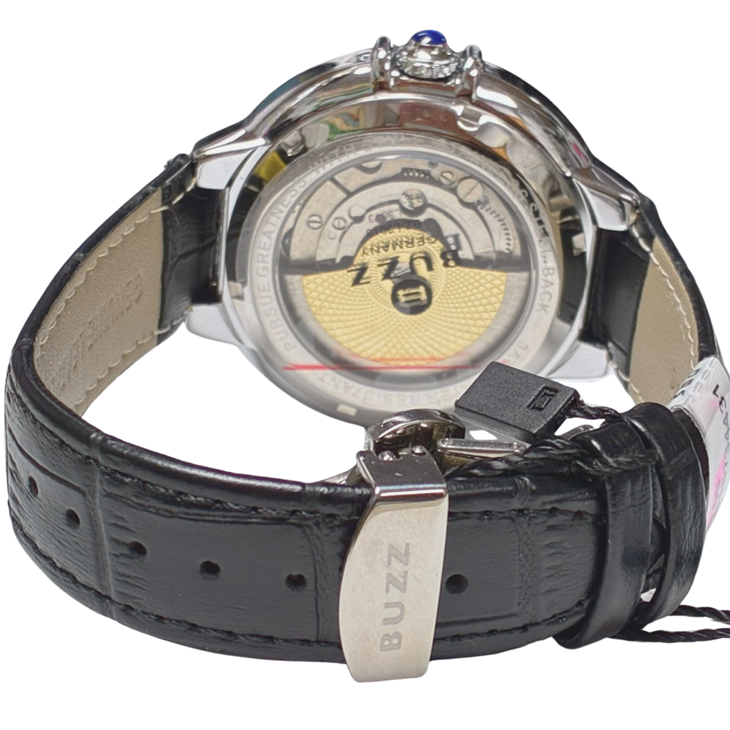 Buzz Germany BZ3013L2 Mens Leather Automatic Watch  Silver Black Edition