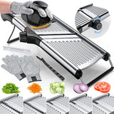 Gramercy Kitchen Co Adjustable Stainless Steel Mandoline Slicer. Food Slicer. Includes a pair of cut-resistant gloves. Julienne slicer for vegetables, onions, and potatoes, for making French fries.