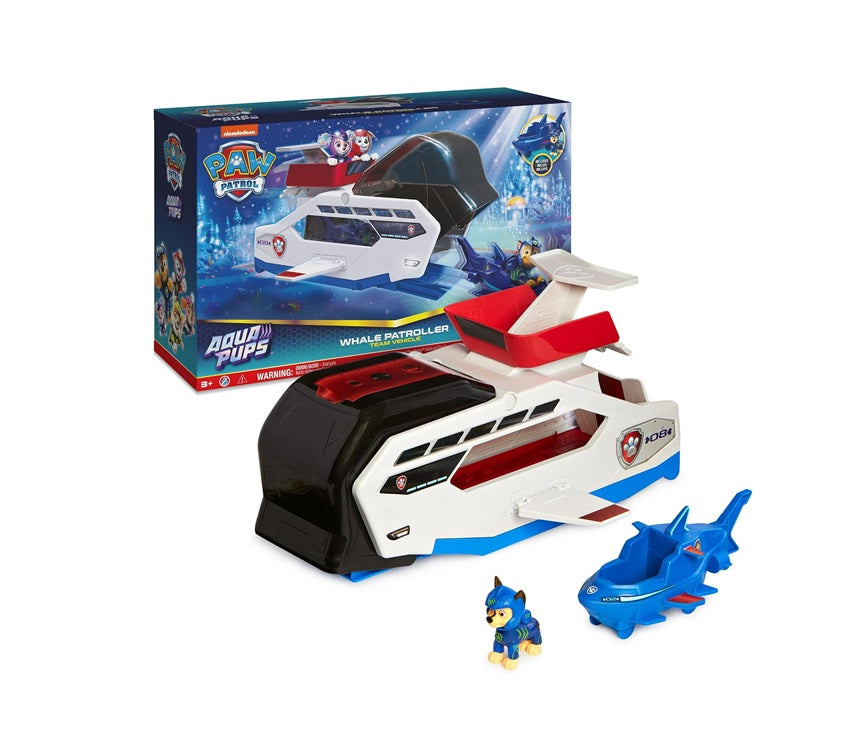 Paw Patrol Aqua Pups Whale Patroller Team Vehicle with Chase Action Figure, Toy Car and Vehicle Launcher, Kids Toys for Ages 3 and up