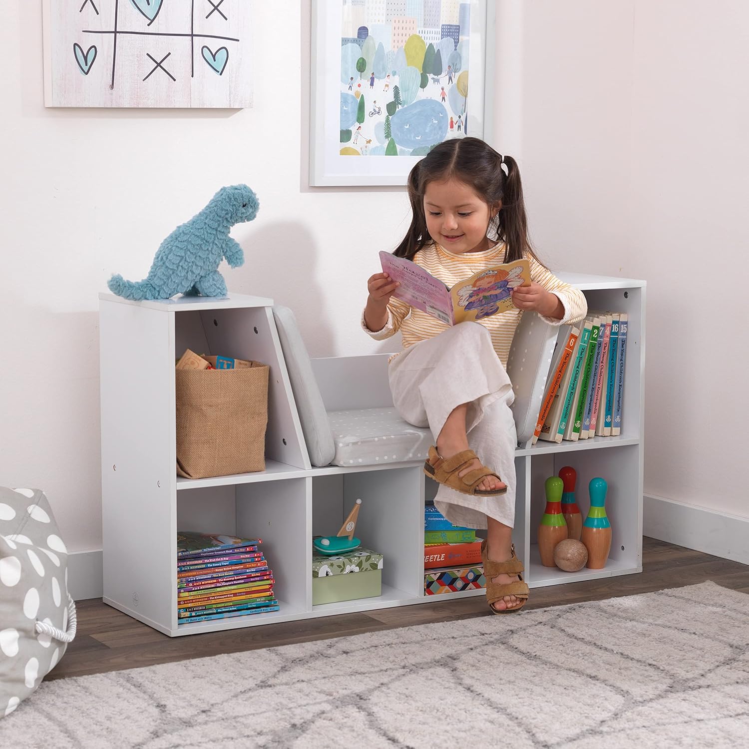 KidKraft Wooden Bookcase With Reading Nook Storage And Gray Cushion White Secondary image