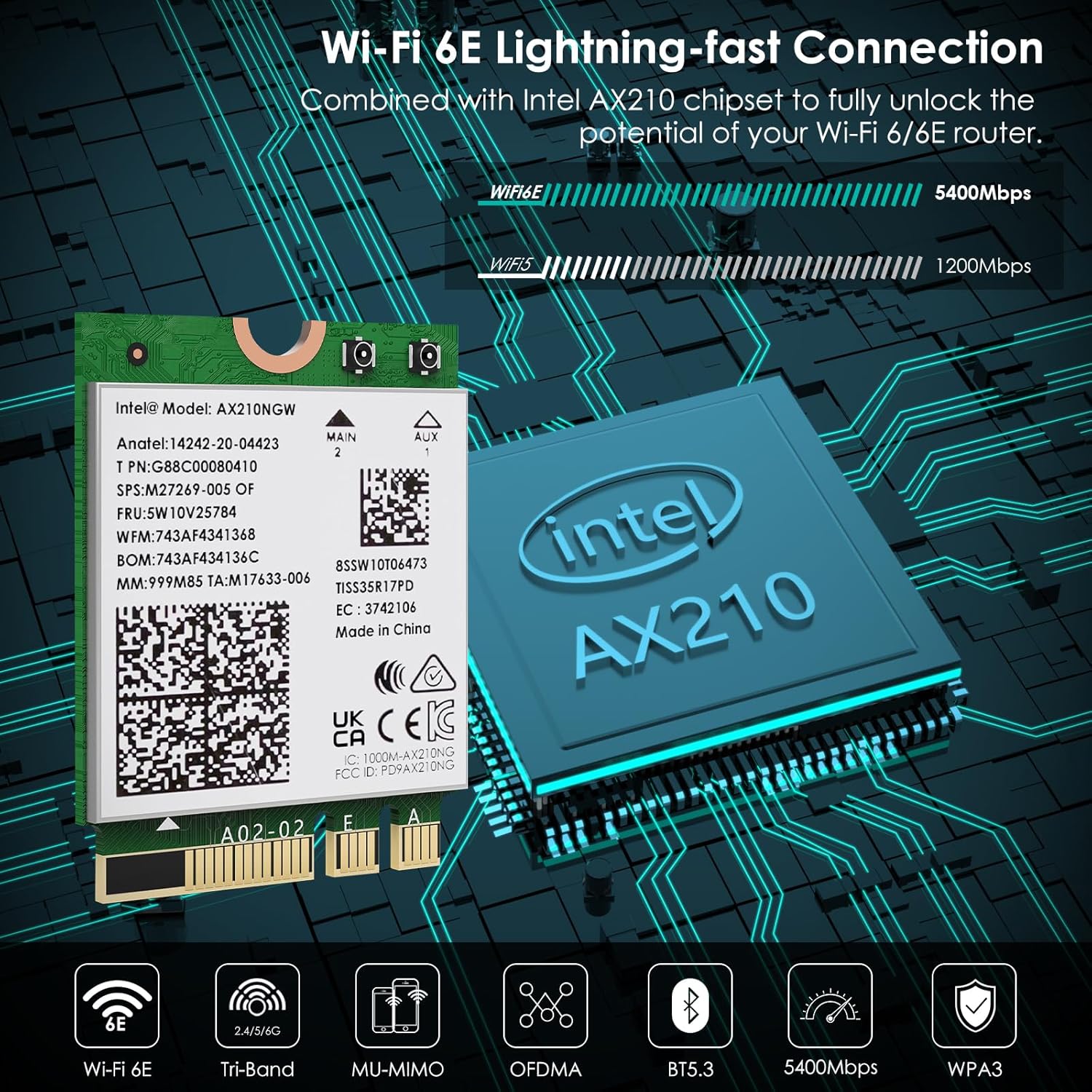 WAVLINK WiFi 6E Wireless Card Intel AX210 TriBand 5400Mbps 2.4GHz 5GHz 6GHz Network Adapter With Bluetooth 5.3 For Laptop Secondary image