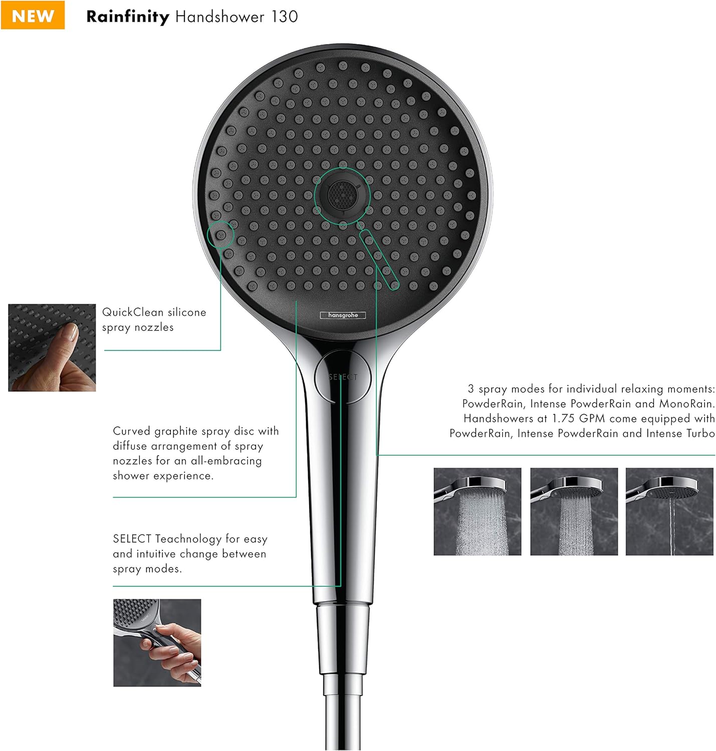 hansgrohe Rainfinity Rain 5inch Modern Handheld Shower Head 3Spray Chrome Size 1.75 Secondary image