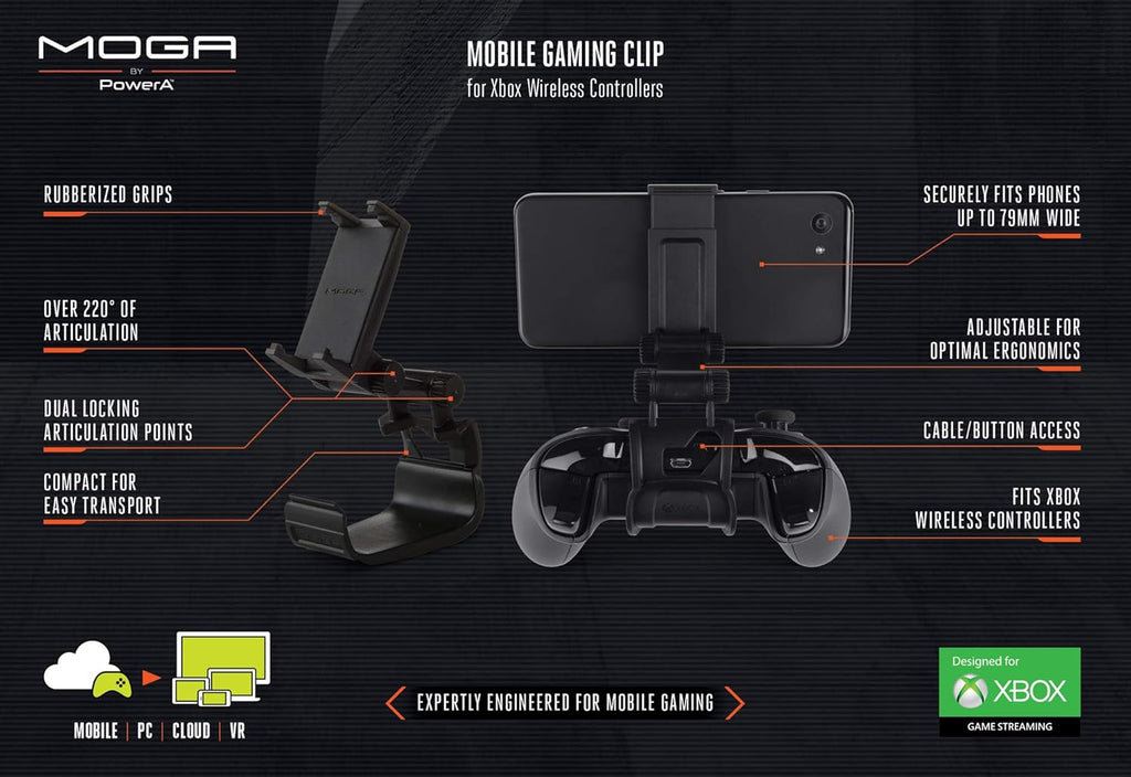 PowerA MOGA Mobile Gaming Game Streaming Phone Clip For Xbox One Wireless Controllers, Black