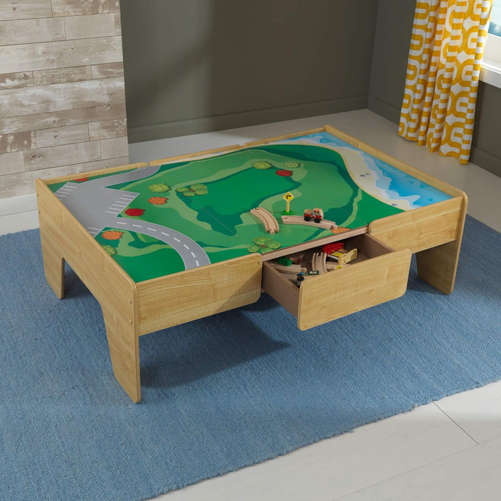 KidKraft DoubleSided Wooden Train And Activity Table With Built In Storage Drawer Natural