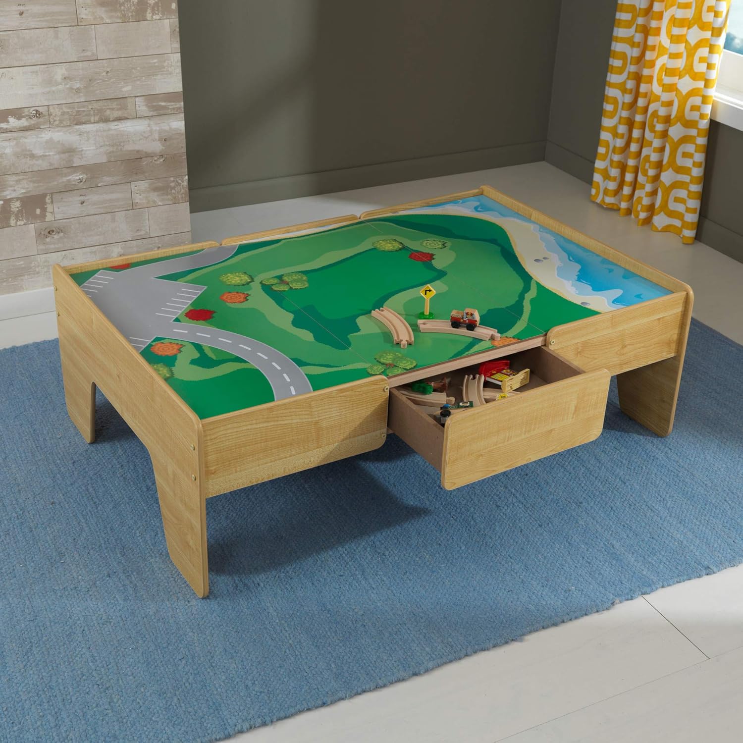 KidKraft DoubleSided Wooden Train And Activity Table With Built In Storage Drawer Natural