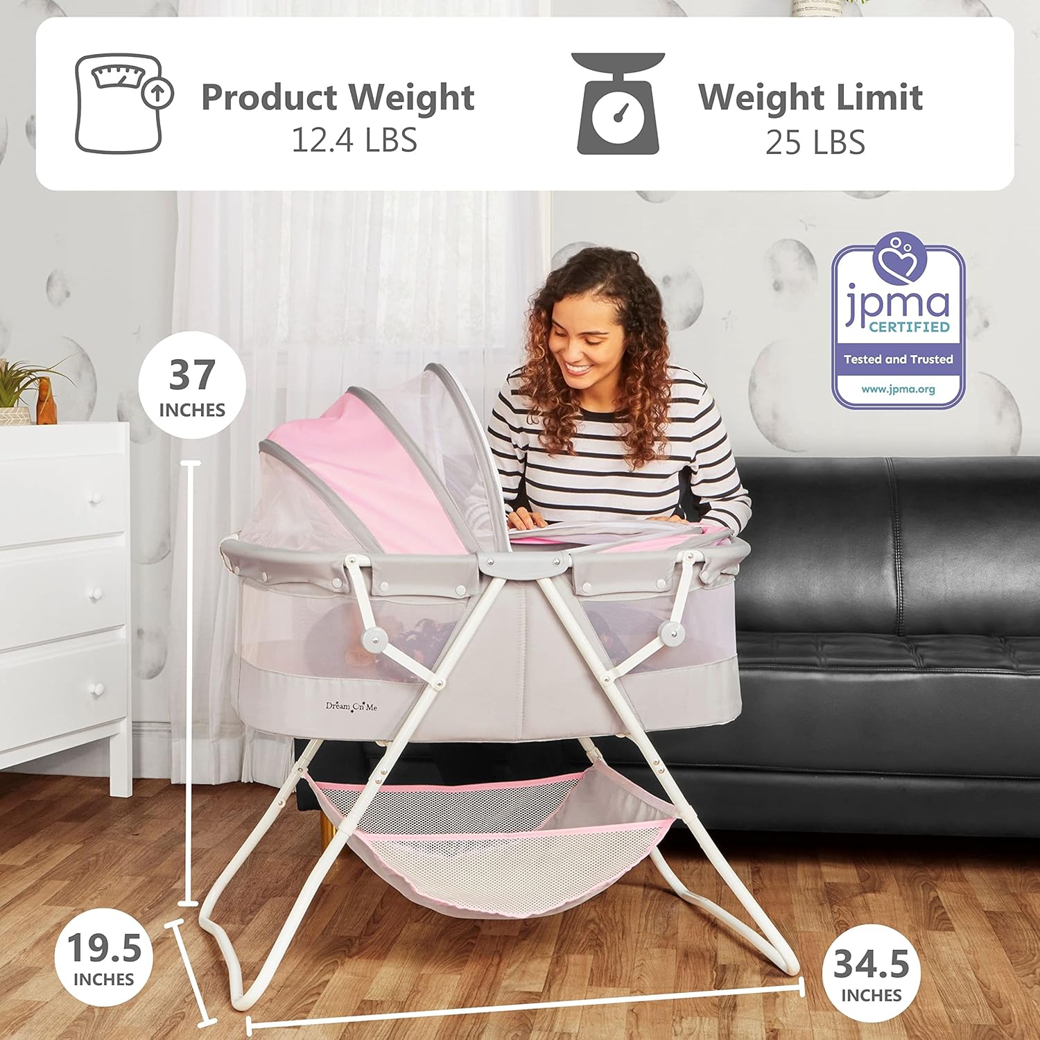 Dream On Me Karley Baby Bassinet GreyPink