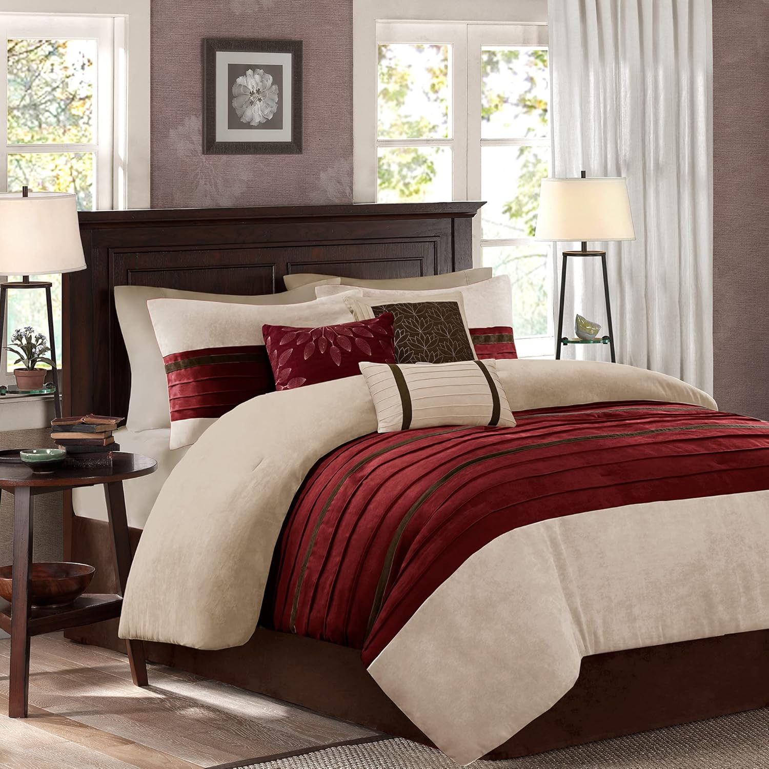 Madison Park Palmer Comforter Set-Luxury Faux Suede Design, Striped Accent, All Season Down Alternative Bedding, Matching Shams, Decorative Pillow, Bed Skirt, Queen (90 in x 90 in), Red 7 Piece Main image