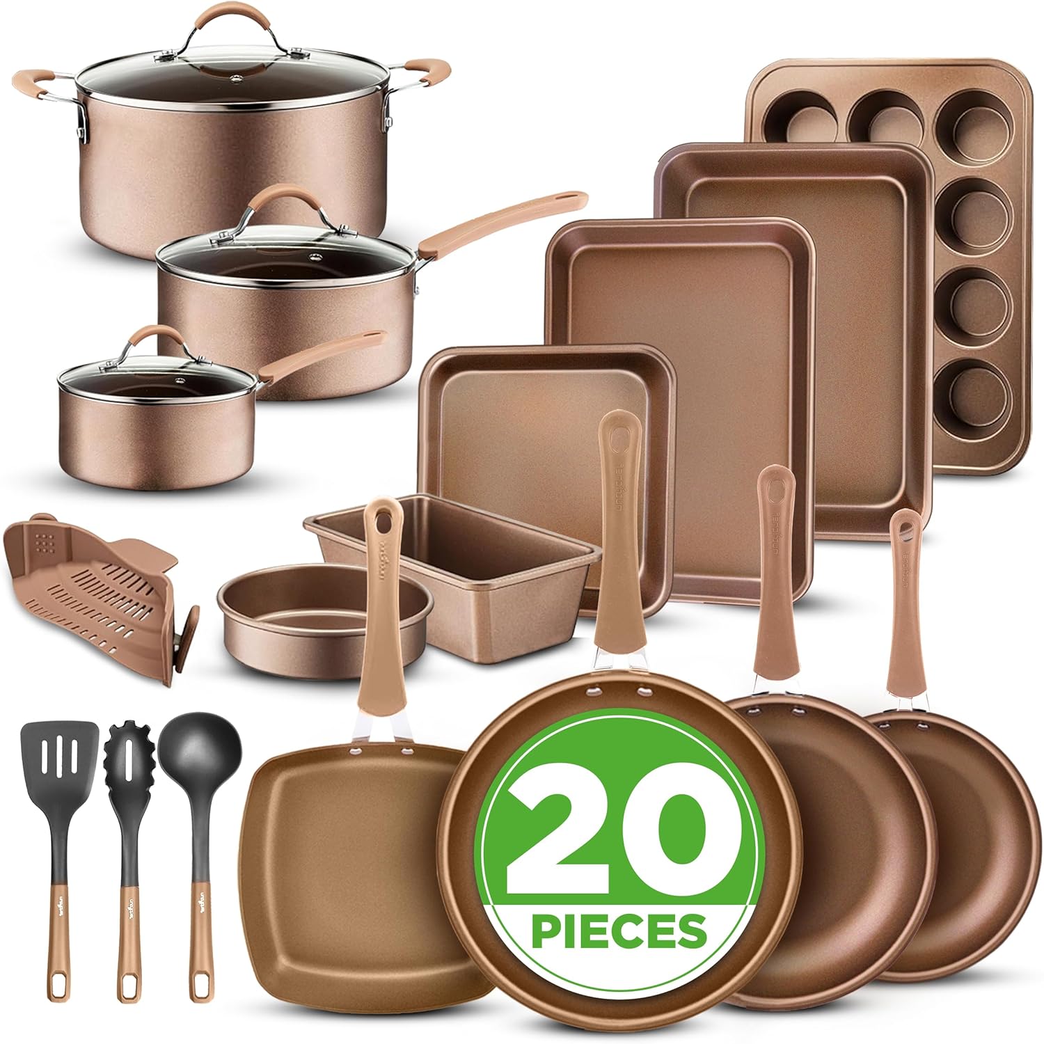 Nutrichef 20 Piece Professional Home Kitchen Cookware and Bakeware, Pots and Pans Set Non Stick Kitchenware, Cool-Touch Handles, Non Toxic, Safe for Gas, Electric, Induction Cooktops, Easy Clean Main image