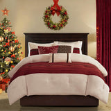 Madison Park Palmer Comforter Set-Luxury Faux Suede Design, Striped Accent, All Season Down Alternative Bedding, Matching Shams, Decorative Pillow, Bed Skirt, Queen (90 in x 90 in), Red 7 Piece