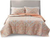 Comfort Spaces Reversible Quilt Set Vermicelli Stitching Design Full Queen 90in X 90in Gloria Damask Coral 3 Piece