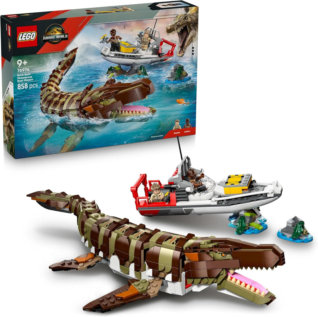 LEGO Jurassic World Brick-Built Mosasaurus Boat Mission Toy Dinosaur Set 76974