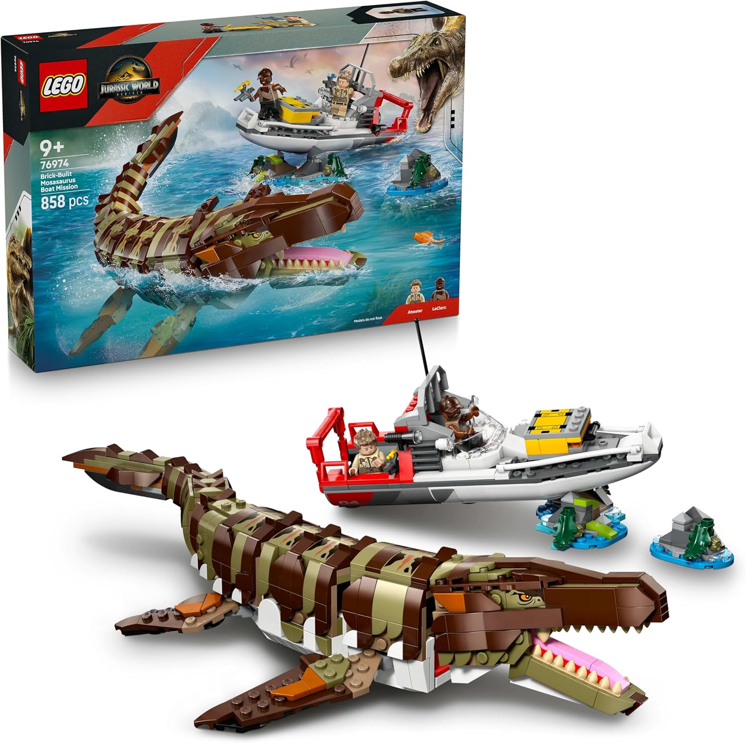 LEGO Jurassic World Brick-Built Mosasaurus Boat Mission Toy Dinosaur Set 76974