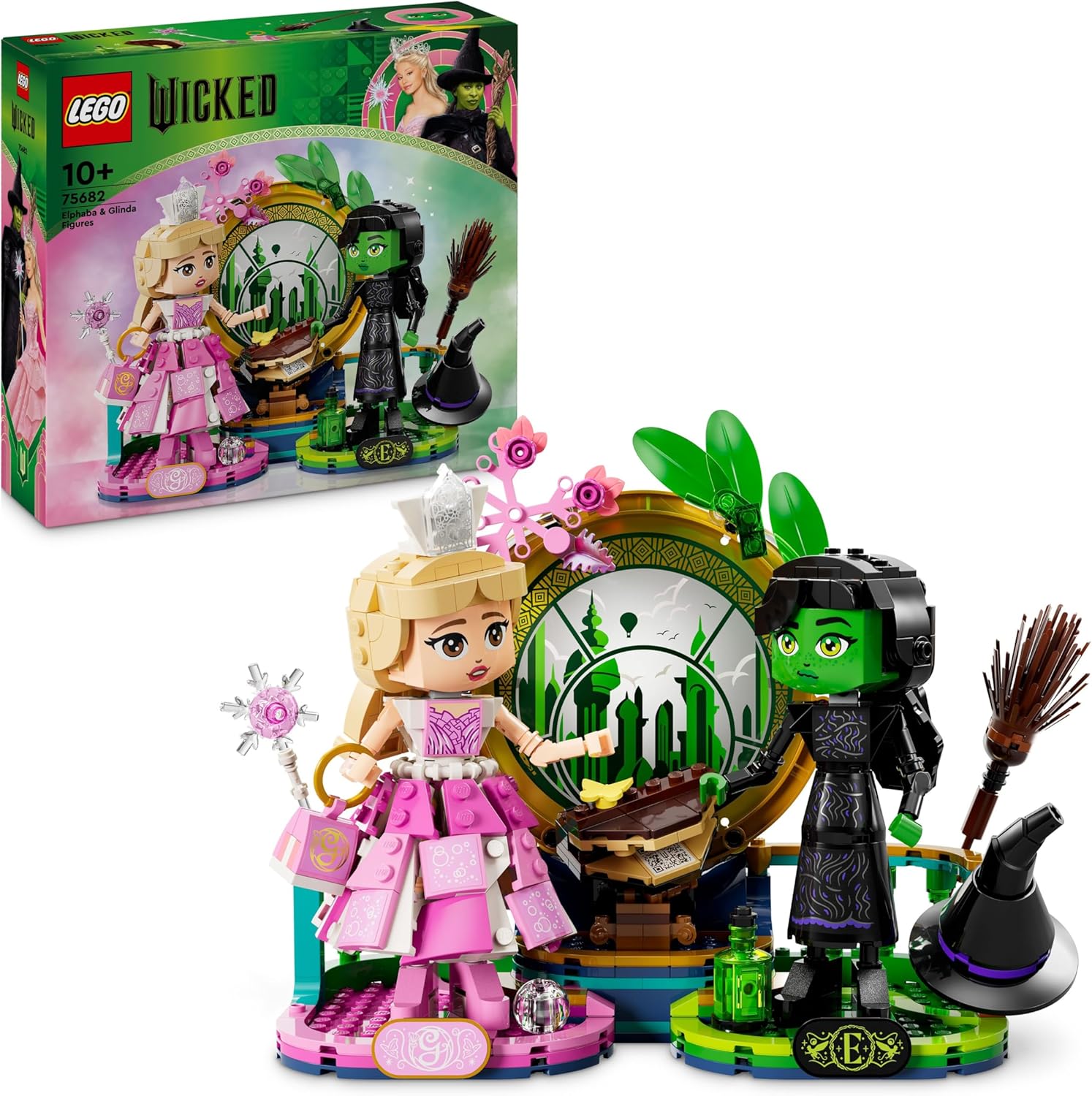 LEGO Wicked Elphaba & Glinda Figures - Play and Display Toy with Accessories incl. a Broom, Crown & Purse plus a Window Scene - Gift for 10+ Year Old Girls & Movie Fans - 75682