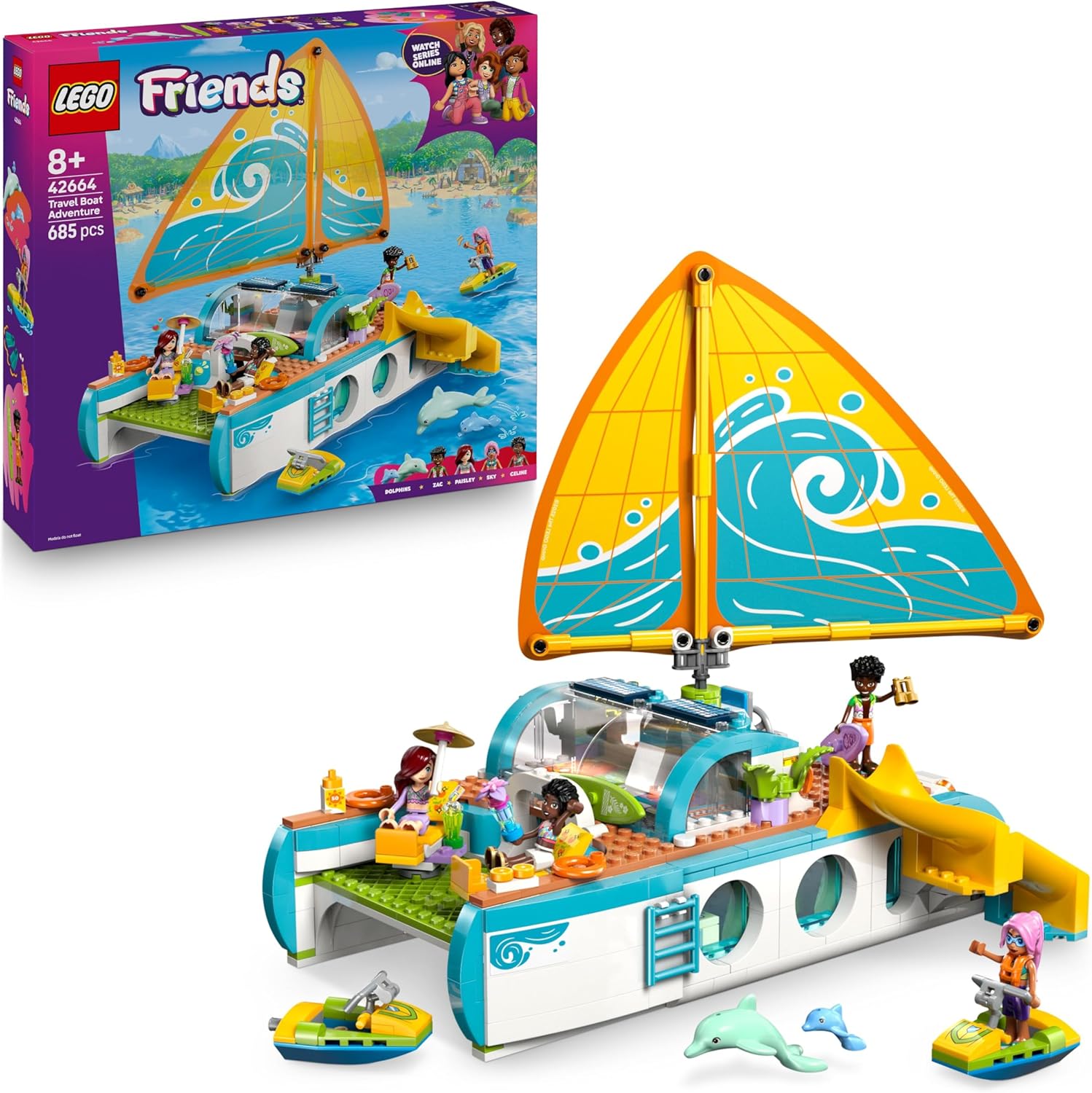 LEGO Friends Travel Adventure Set - incl. a Toy with a Spinning Sail, 4 Mini Dolls & 2 Dolphin Figures, Accessories - Creative Birthday Gift for 8+ Year Old Girls - 42664 Main image