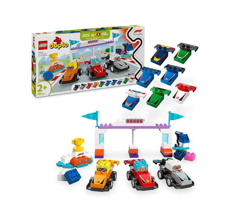 LEGO DUPLO Town F1 Team Race Cars & Drivers - Fine Motor Skills Toy for 2+ Year Old Toddlers, Boys & Girls - incl. 10 Car Toys, a Crane, Start...