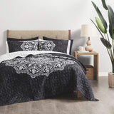 Comfort Spaces Reversible Quilt Set-Vermicelli Stitching Design All Season, Lightweight, Coverlet Bedspread Bedding, Matching Shams, King (104 in x 90 in), Ava Medallion Black 3 Piece