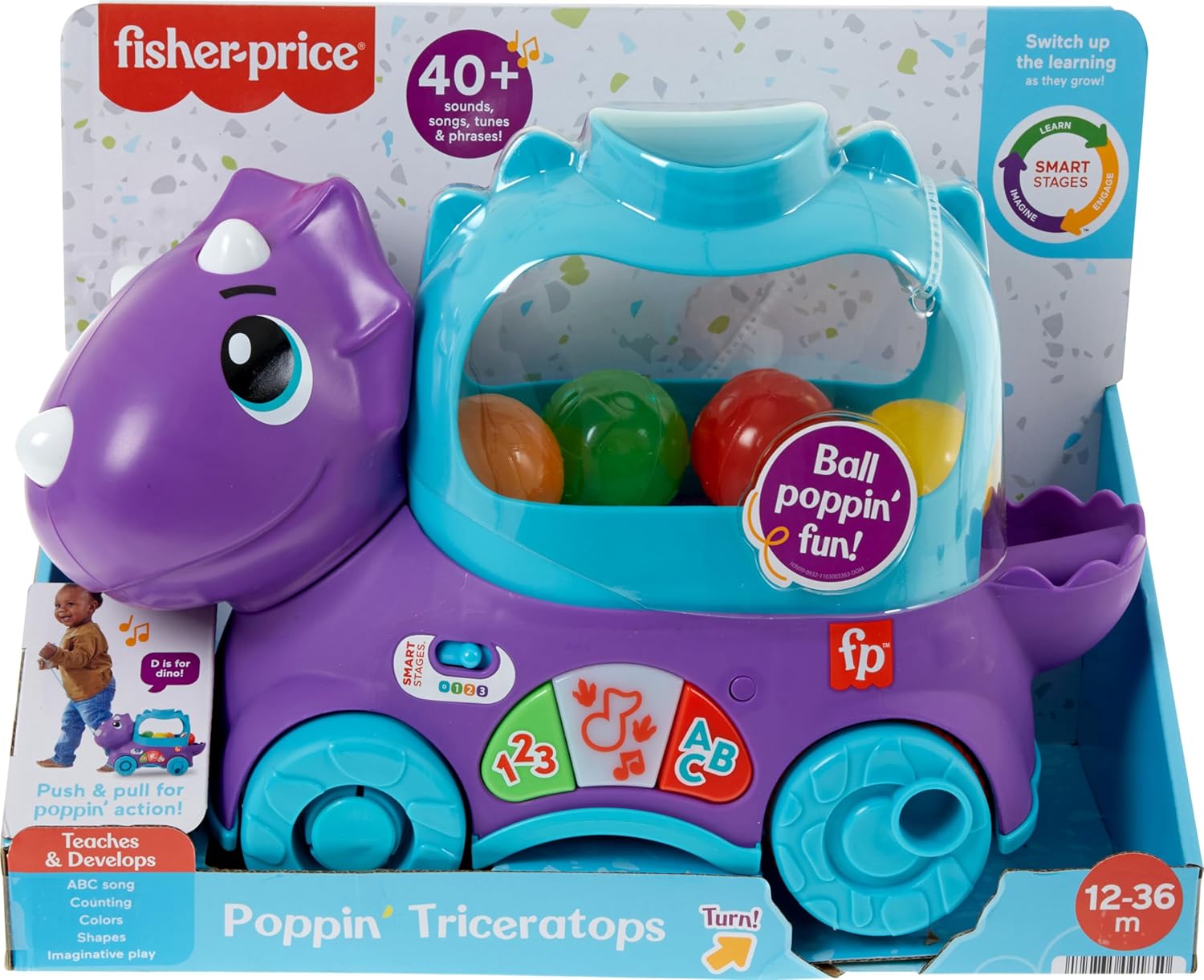 Fisher-Price Infant and Toddler Learning Toy, Dinosaur Ball Popper Pull Toy with Smart Stages Educational Content, Poppin’ Triceratops