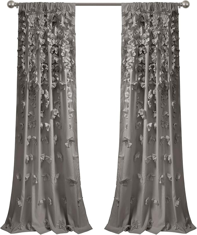 Lush Decor Riley Window Curtain Panel - Charming Handmade Bow Details - Elegant Light Filtering Single Curtain for Living Room, Dining Room, or Bedroom - 54" W x 84" L, Gray