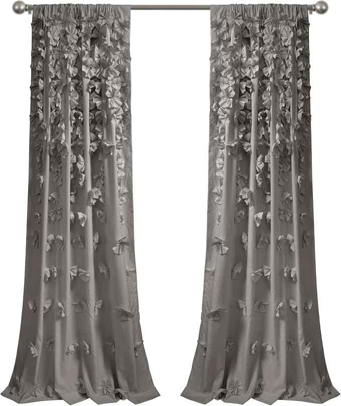 Lush Decor Riley Window Curtain Panel - Charming Handmade Bow Details - Elegant Light Filtering Single Curtain for Living Room, Dining Room, or Bedroom - 54" W x 84" L, Gray