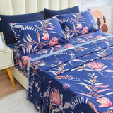 JSD Navy Blue Floral Print Sheet Set King, Botanical Soft Microfiber Bedding Sheets Extra Deep Pocket 4 Piece