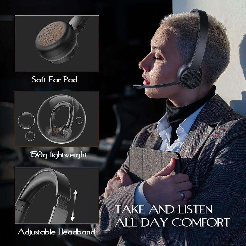 EKSA Wireless Headset, Bluetooth 5.2 Headset with Noise Cancelling Microphone & USB Dongle, 55H Playtime On Ear Headphone for Home Office, Remote Work, Call Center, Suitable for Phone PC Laptop Tablet
