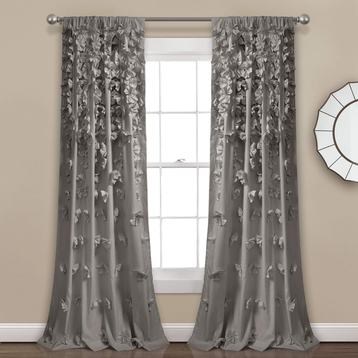 Lush Decor Riley Window Curtain Panel - Charming Handmade Bow Details - Elegant Light Filtering Single Curtain for Living Room, Dining Room, or Bedroom - 54" W x 84" L, Gray