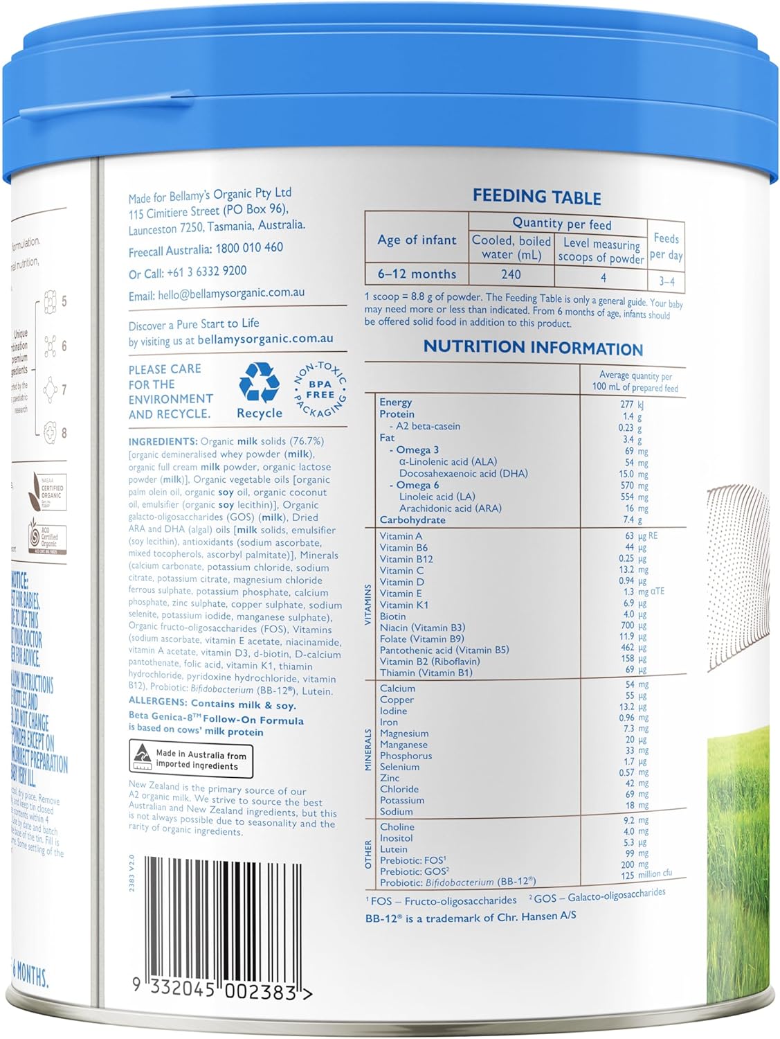 Bellamys Organic Beta Genica8 Step 2 FollowOn Formula 800g Secondary image