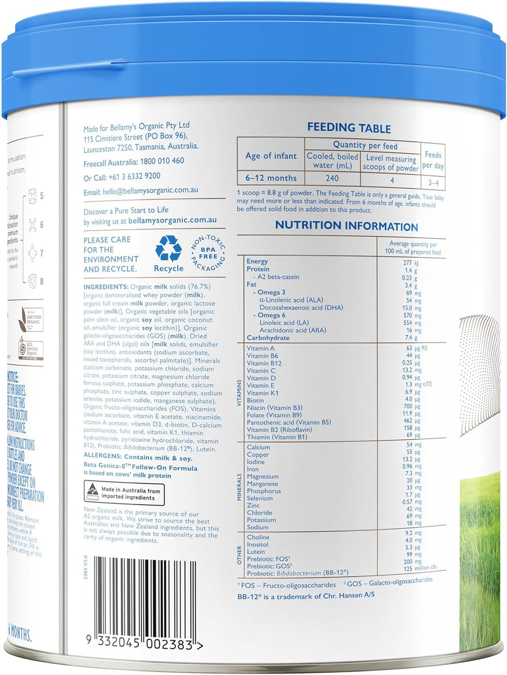 Bellamys Organic Beta Genica8 Step 2 FollowOn Formula 800g