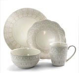 Elama Elegant Round Embossed Stoneware Dinnerware Dish Set 16 Piece White