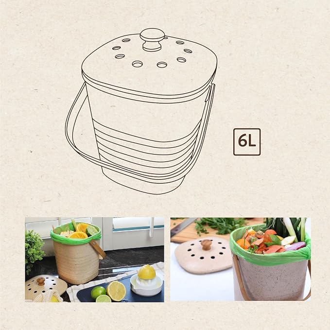 White Magic Eco Basics Compost Kitchen Waste Bin - 6L - Pebble