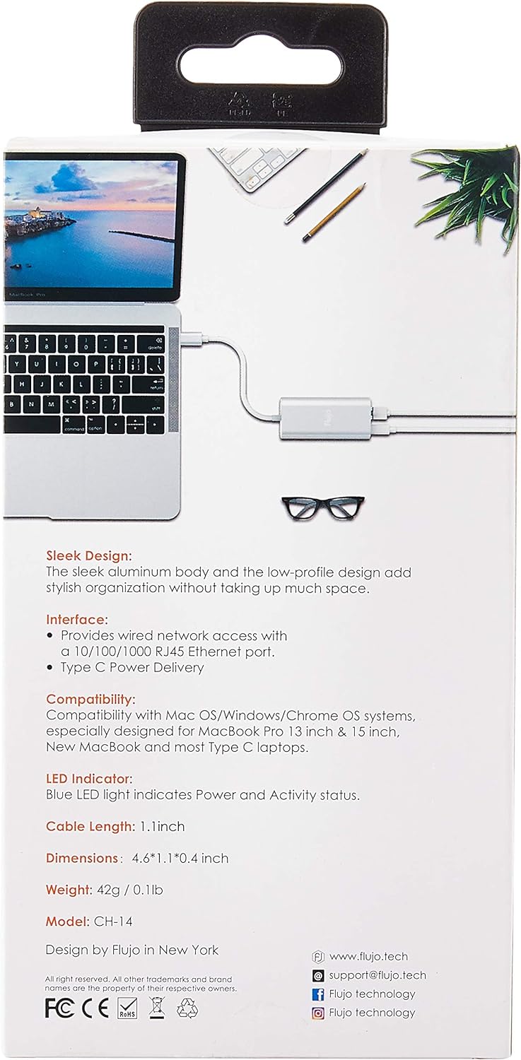 Flujo CH-14-B USB Type-C Gigabit Ethernet Adapter with Power Delivery Port