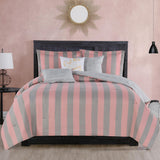 Juicy Couture Cabana Stripe Reversible Bedding Set, King Size, Pink & Grey Stripe Print - 6 Pcs Set