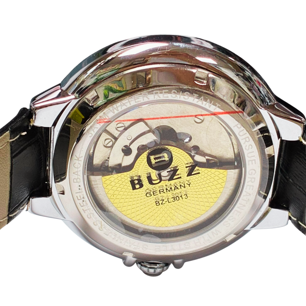 Buzz Germany BZ3013L2 Mens Leather Automatic Watch  Silver Black Edition