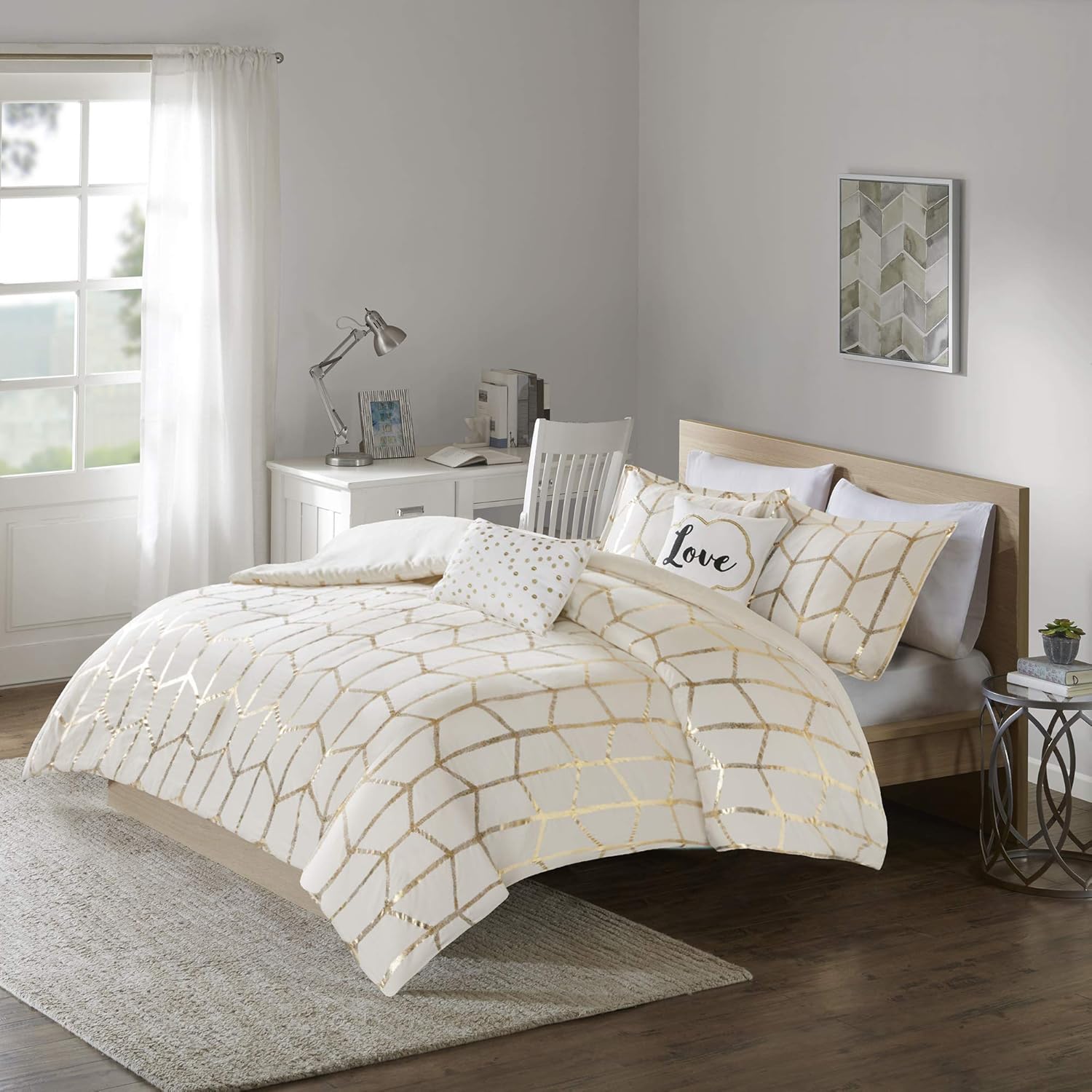 Intelligent Design Raina Duvet Set Metallic Print Geometric Style Embroidered Toss Pillows Modern Trendy All Season Comforter Cover Bedding-Set with Matching Sham, Full/Queen, Ivory/Gold 5 Piece Main image