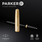 Parker 51 Fountain Pen, Deluxe Black Barrel with Gold Trim, Fine 18k Gold Nib with Black Ink Cartridge