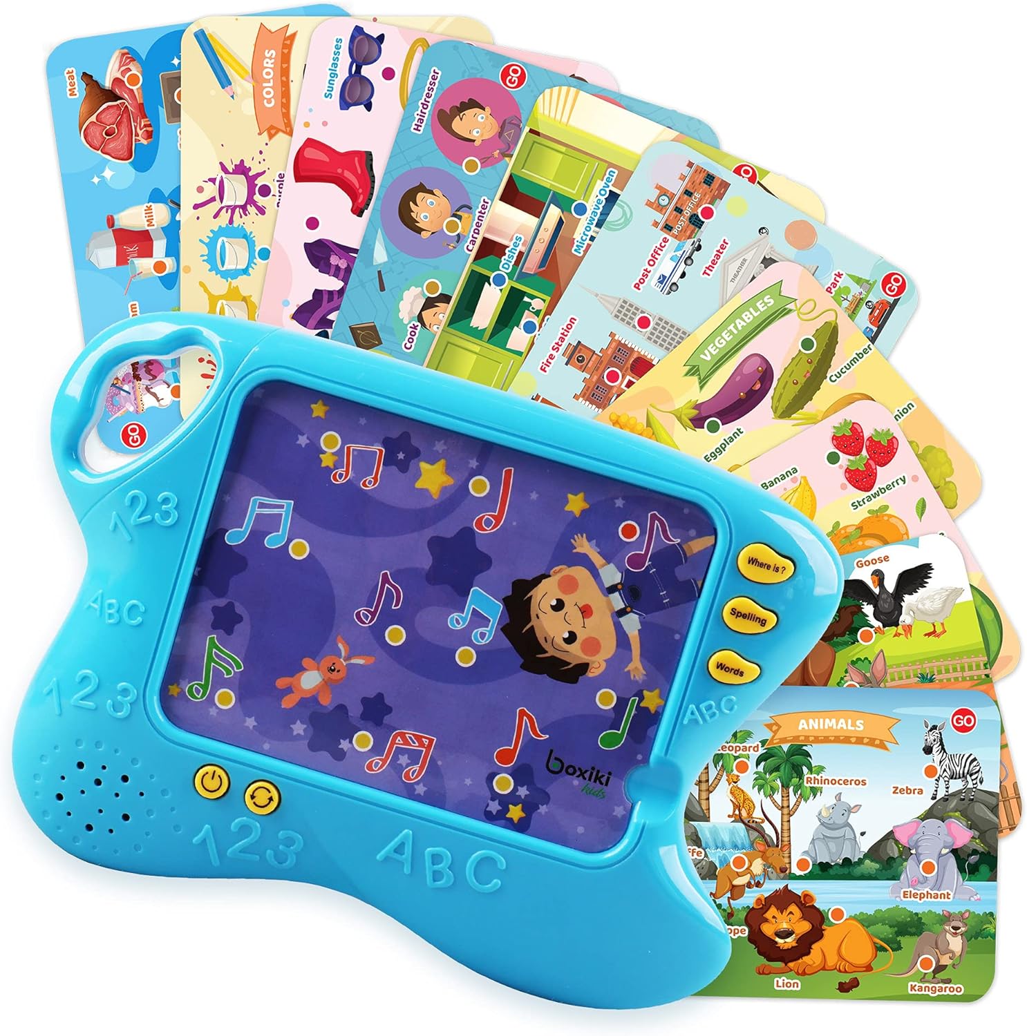 Boxiki kids Toddler Tablet and Learning Pad with 10 Educational Cards | Kids Smart Pad and Board Game w/ Touch and Learn Functions | Learn Animals, Colors, Words, Spelling and More. Ages 3 Years+ Main image