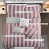 Juicy Couture Cabana Stripe Reversible Bedding Set - King Size - Pink and Grey Stripe Print - 6 Piece Set - Includes 1 104 x 90 Comforter, 3 Decorative Pillows, 2 Shams