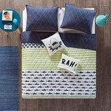 Urban Habitat Kids Reversible Cotton Quilt Set - Vibrant Fun, Playful Print, All Season Children Bedding Coverlet Bedspread, Decorative Pillow, Bedroom Décor, Full/Queen, Shark Green/Navy 5 Piece