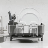 simplehuman Compact Kitchen Dish Drying Rack with Swivel Spout, Fingerprint-Proof Stainless Steel Frame, Grey Plastic
