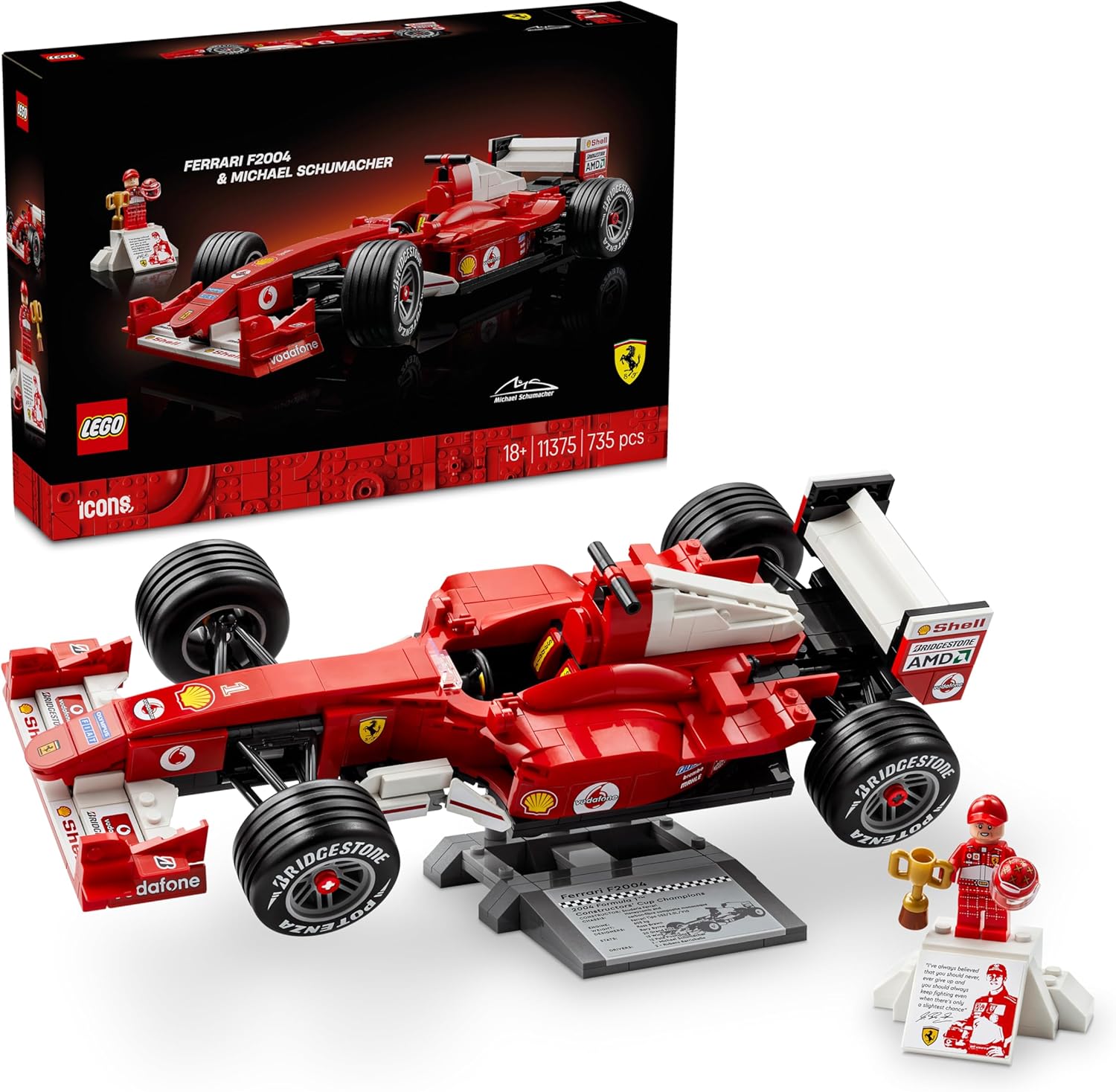 LEGO Icons Ferrari F2004 Michael Schumacher F1 Car Model Kit for Adults Display Set w V10 Engine