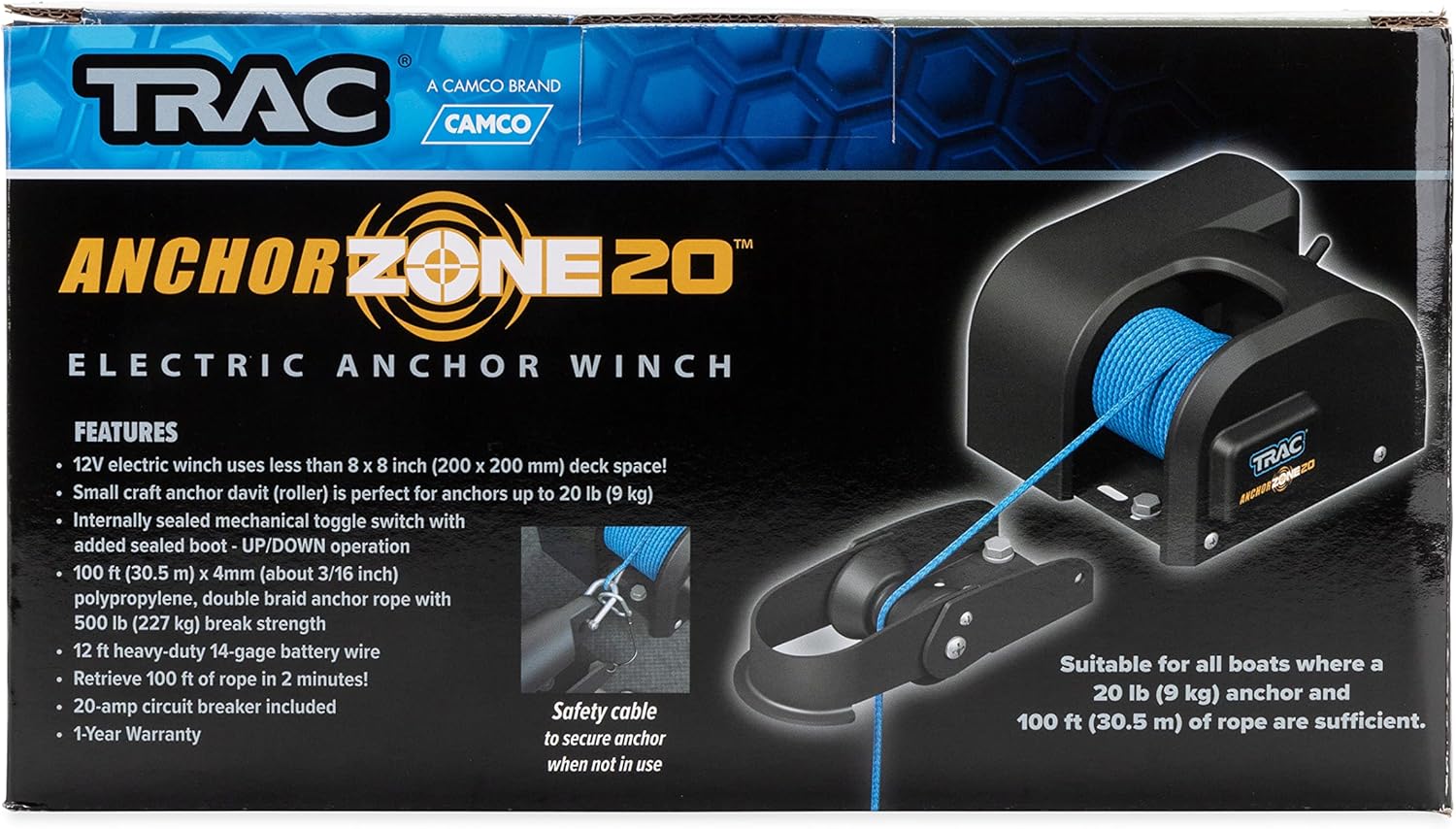 Trac Outdoors AnchorZone 20 Electric Anchor Winch - Anchors Up to 20 lb. - Includes 100-feet of Pre-Wound Anchor Rope with Use (69000), Black Secondary image