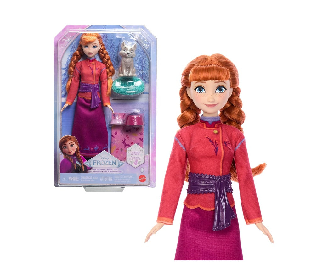 Mattel Disney Frozen Anna Fashion Doll & Wolf Cub Figure with 4 Accessories Including Animal Bed & Blanket, Inspired by Animals of Arendelle