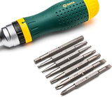 SATA 19-in-1 Multipurpose Ratcheting Screwdriver Set with 8 Double-Sided Bits and a Green and Yellow Oil-Resistant Handle - ST09350, 10 Piece