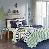 Urban Habitat Kids Reversible Cotton Quilt Set - Vibrant Fun, Playful Print, All Season Children Bedding Coverlet Bedspread, Decorative Pillow, Bedroom Décor, Full/Queen, Shark Green/Navy 5 Piece