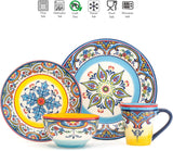 Euro Ceramica Zanzibar Collection Vibrant 16 Piece Oven Safe Stoneware Dinnerware Set, Service For 4, Spanish Floral Design