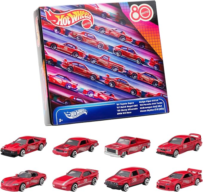Hot Wheels Mattel 80th Anniversary 8-Pack Toy Vehicles, 8 Mini Cars, Ages 3 and up, Red JGK09