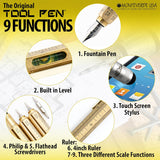 Monteverde USA 9-in-1 Tool Fountain Pen in Brass – Fine Nib, Hand-Machined Multifunctional Pen with Stylus, Screwdrivers, Level, and Ruler – Exclusive Collection, Ideal Gift for Engineers