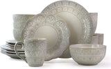 Elama Elegant Round Embossed Stoneware Dinnerware Dish Set 16 Piece White