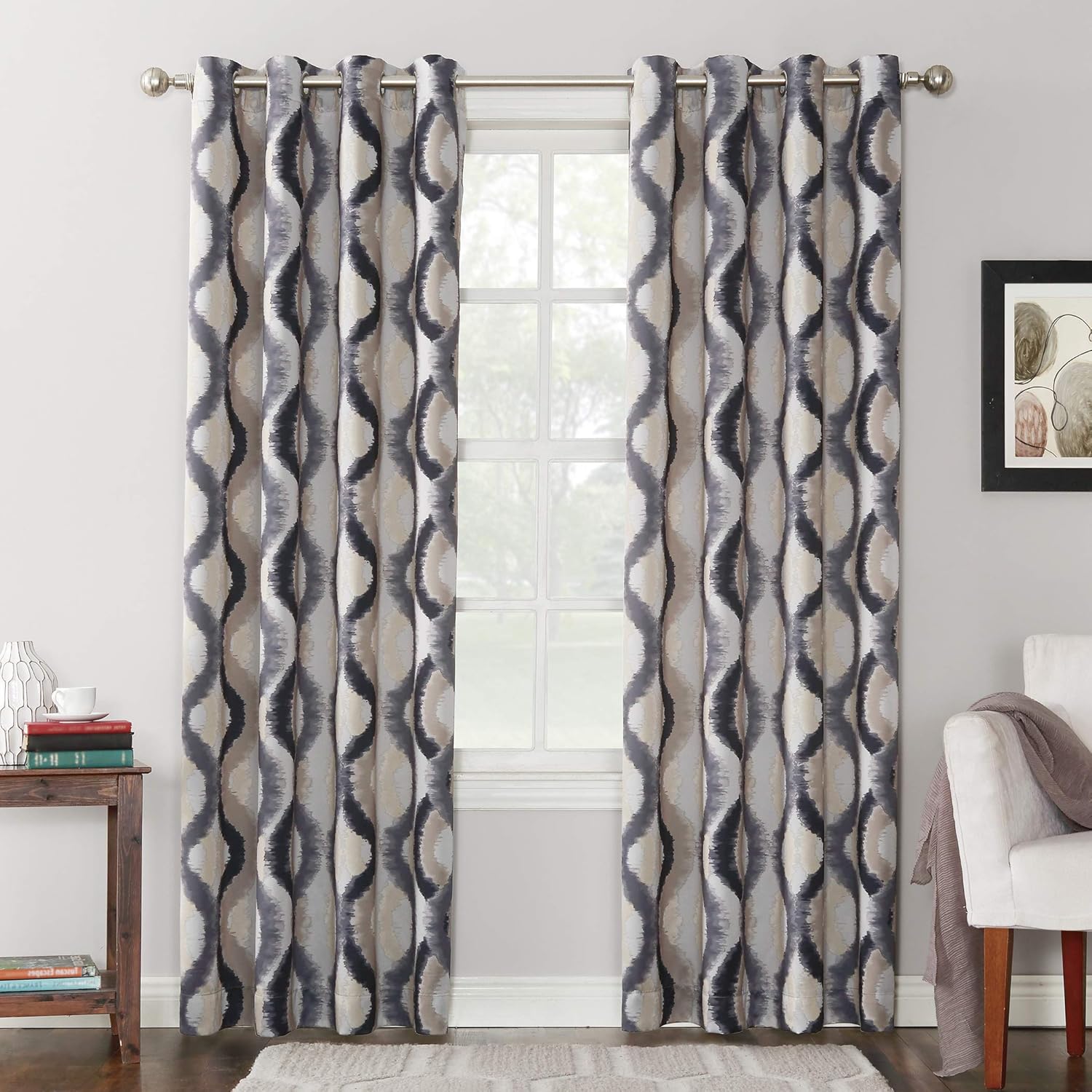 Sun Zero Burbank Watercolor Ogee Energy Efficient Grommet Curtain Panel, 54" x 84", Gray Main image