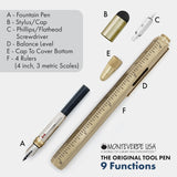 Monteverde USA 9-in-1 Tool Fountain Pen in Brass – Fine Nib, Hand-Machined Multifunctional Pen with Stylus, Screwdrivers, Level, and Ruler – Exclusive Collection, Ideal Gift for Engineers